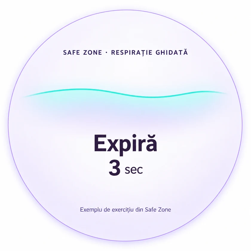 Exemplu de respirație ghidată în Safe Zone: expiră, 3 secunde.