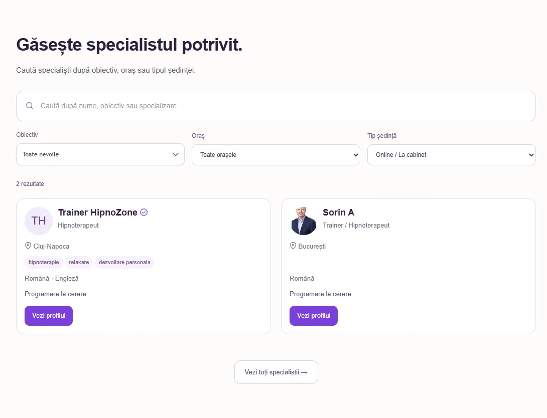 Catalogul HipnoZone cu filtre și carduri de specialiști
